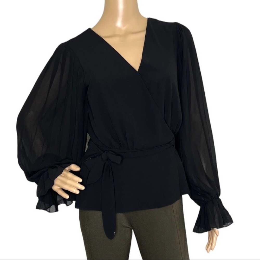Do & Be Black Long Puff Sleeve Wrap V-Neck Blouse Small